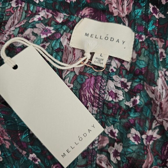 Melloday Long Sleeve Semi Sheer Floral Purple And Green Button Up Blouse - Picture 2 of 9